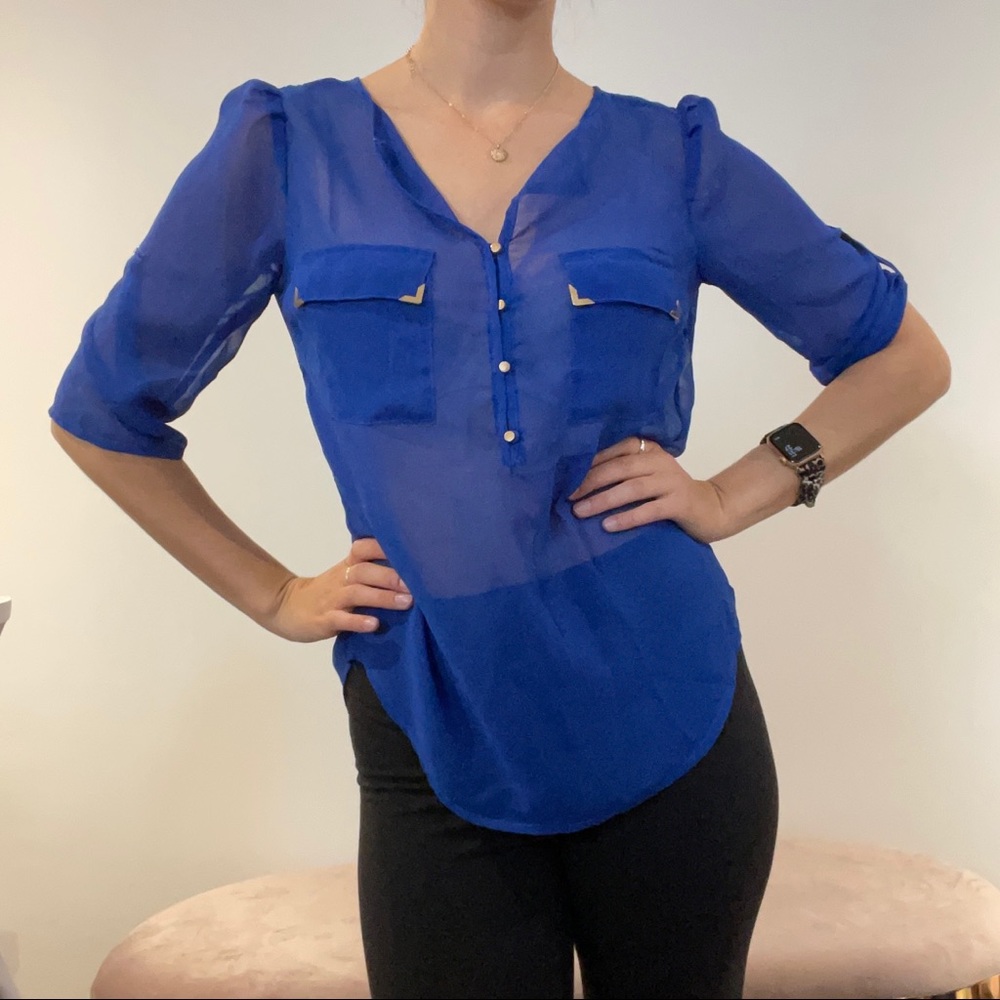 BLOUSE BLUE GOLD PUFFY SHOULDERS